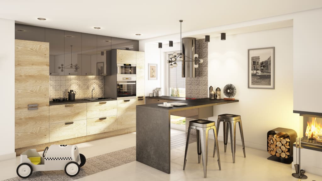 Otwarta na salon kuchnia „Moelkepunto Dąb Santiago / Moelkelinea River Stone” (proj. Kinga Anolik, Magnifique Gdynia) to propozycja marki Moelke.