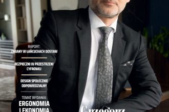 Okładka miesięcznika BIZNES.meble.pl - wydanie maj 2023. Na okładce: Grzegorz Kulesza, dyrektor zarządzający Pfleiderer Polska.