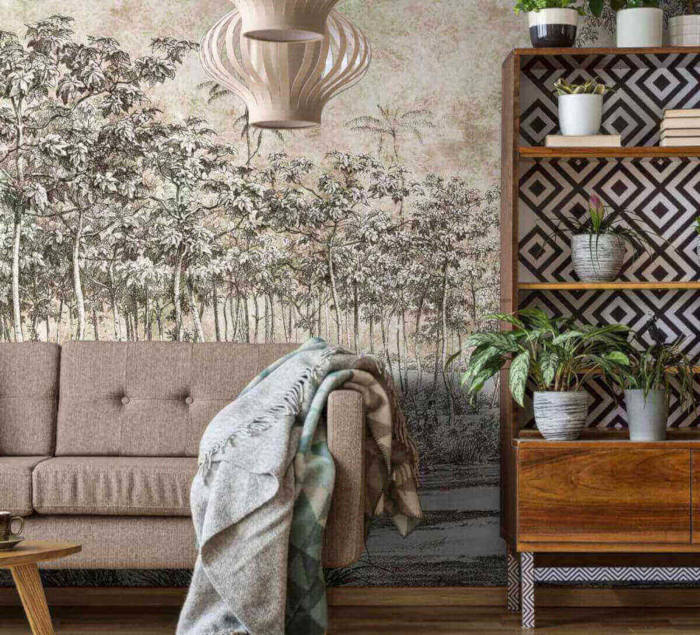 Fototapeta w pokoju dziennym z szarą sofą i stolikiem kawowym - miesięcznik i portal informacyjny branży meblarskiej biznes.meble.pl