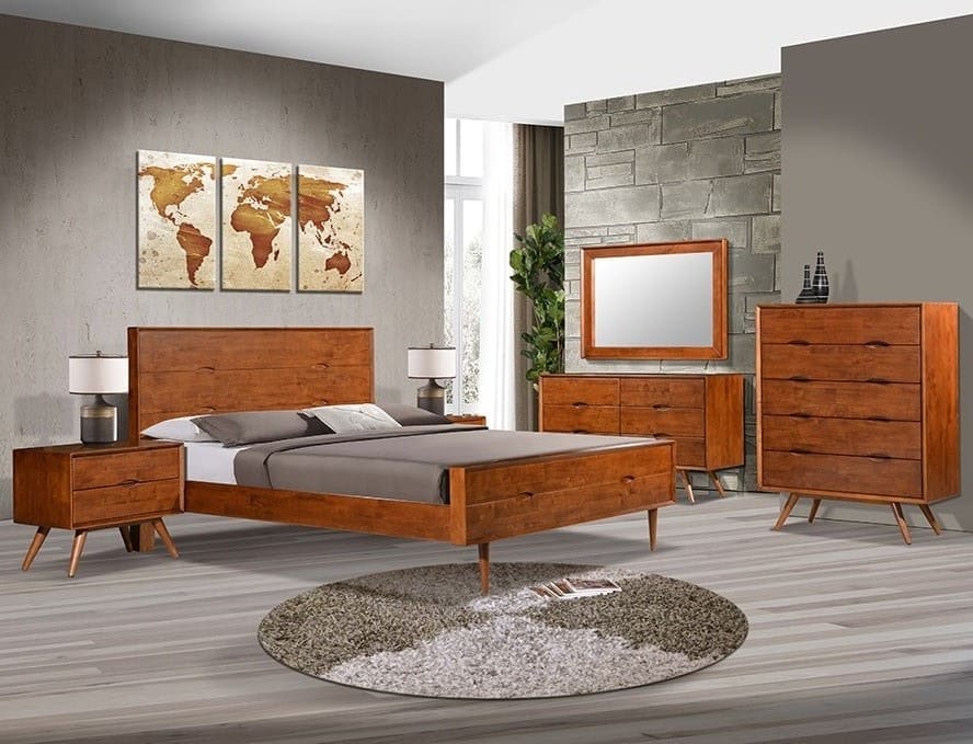 W skład sypialni „Tasmania” marki Vinotti wchodzą: łóżko o wymiarach 171x216,5x106,5 cm, toaletka o wymiarach 121x45x76,5 cm, lustro o wymiarach 104,5x50x74 cm i komoda o wymiarach 84x45x115,5 cm.