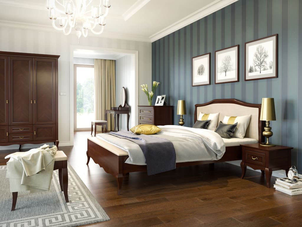 „Wiktoria” firmy Mebin to sypialnia stylizowana na meble z epoki. Wykonana w naturalnej okleinie z udziałem litego drewna zachwyca nienaganną formą brył z finezyjnie wyprofilowanymi nóżkami.