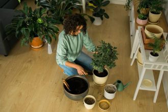 Kobieta przesadzająca kwiaty. Jak odświeżyć mieszkanie tanim kosztem?