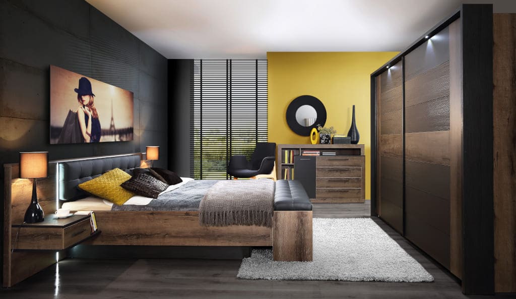 „Bellevue” z oferty firmy Forte to eleganckie meble do sypialni w ciemnych dekorach „Dębu Szlachetnego” i „Dębu Czarnego”.