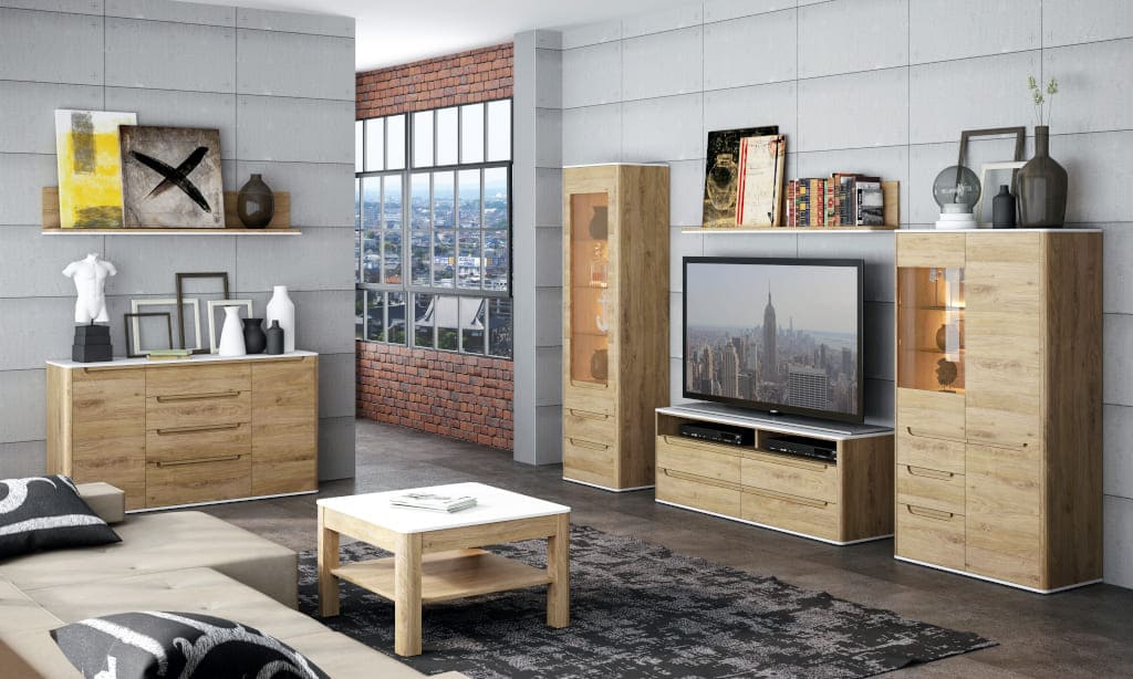 „Gobi” marki Meble Wójcik w kolorze „Dąb Shetland”. Proj. Małgorzata Michalak.