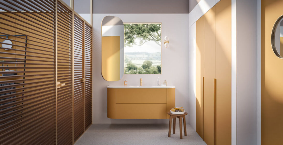 Łazienka w kolorze kurkumy z wykorzystaniem produktów z kolekcji Rehau Passion for Color 2023.