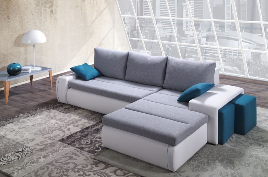 „Ritmo” firmy Benix to nowoczesny narożnik z pufami chowanymi w boczku. W siedzisku zastosowano sprężyny faliste oraz automat wspomagający otwieranie.