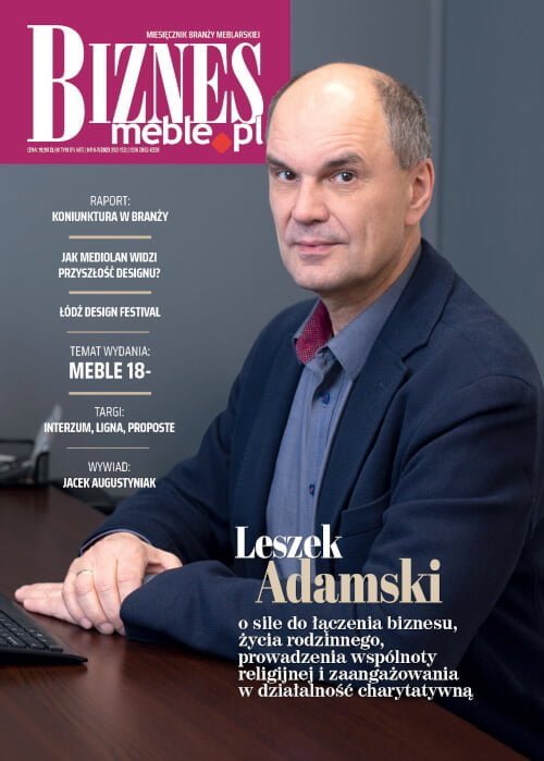 Okładka miesięcznika BIZNES.meble.pl - wydanie czerwiec-lipiec 2023. Na okładce: Leszek Adamski, założyciel, prezes i współwłaściciel firmy Folmag Polska.