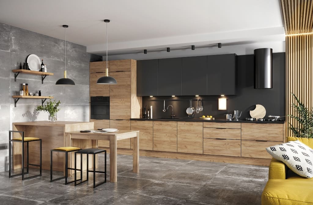 Ozdobne listewki mogą zaznaczyć umowną granicę pomiędzy strefą roboczą a salonową. Ciekawym pomysłem jest przedłużenie dekoracji ściennej na suficie. System KAMmono.