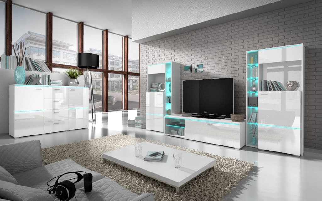 Meblościanki „Anton” marki Helvetia Wieruszów są dostępne w trzech wersjach kolorystycznych: czerni i bieli w wysokim połysku oraz imitacji jasnego dębu „San Remo” z antracytem w wysokim połysku.