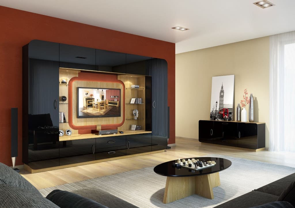 Meblościanka „Oki” (prod. Mebin) została wykonana z naturalnej okleiny i czarnego szkła lacobel. Modułowa funkcja i szeroki asortyment brył umożliwiają skomponowanie kilkunastu zestawów meblościanki.