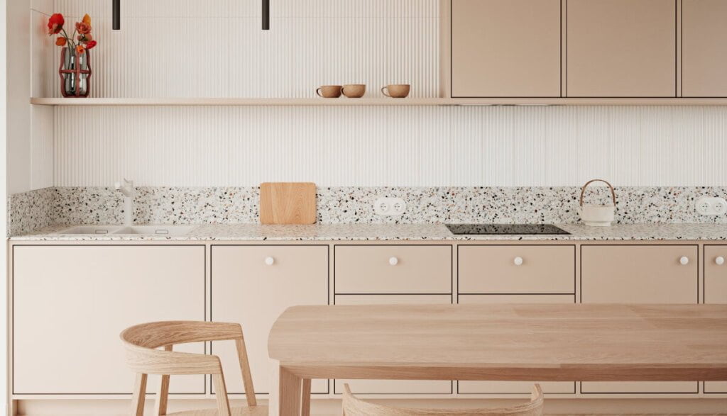 Dekory użyte w aranżacji: Blat Ultrafit: S68048 UR Abruzzo Colore, płytę laminowaną z Kolekcji Mood Stories: U16003 Beż Piaskowy.