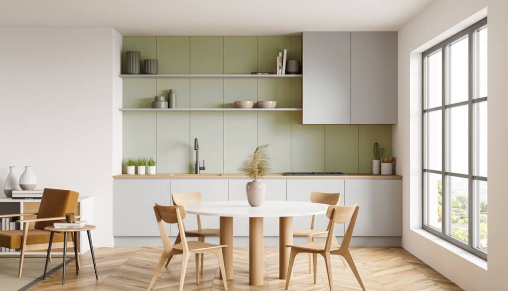 Dekory użyte w aranżacji: Blat Ultrafit: R30348 NW Dąb Olejowany, płytę laminowaną z Kolekcji Mood Stories: U19503 Avocado, U12188 Szary Jasny.