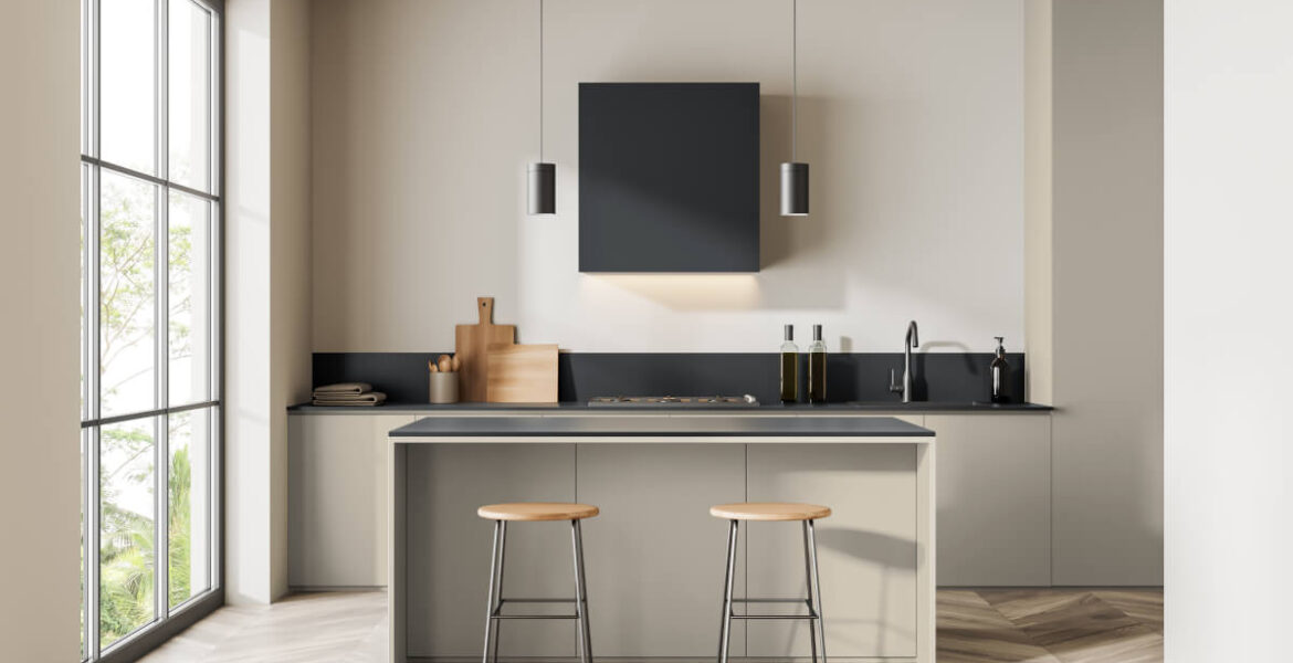 Dekory użyte w aranżacji: Blat Ultrafit: U12000 MP Czerń Wulkaniczna, płytę laminowaną z Kolekcji Mood Stories: U12168 Cashmere.