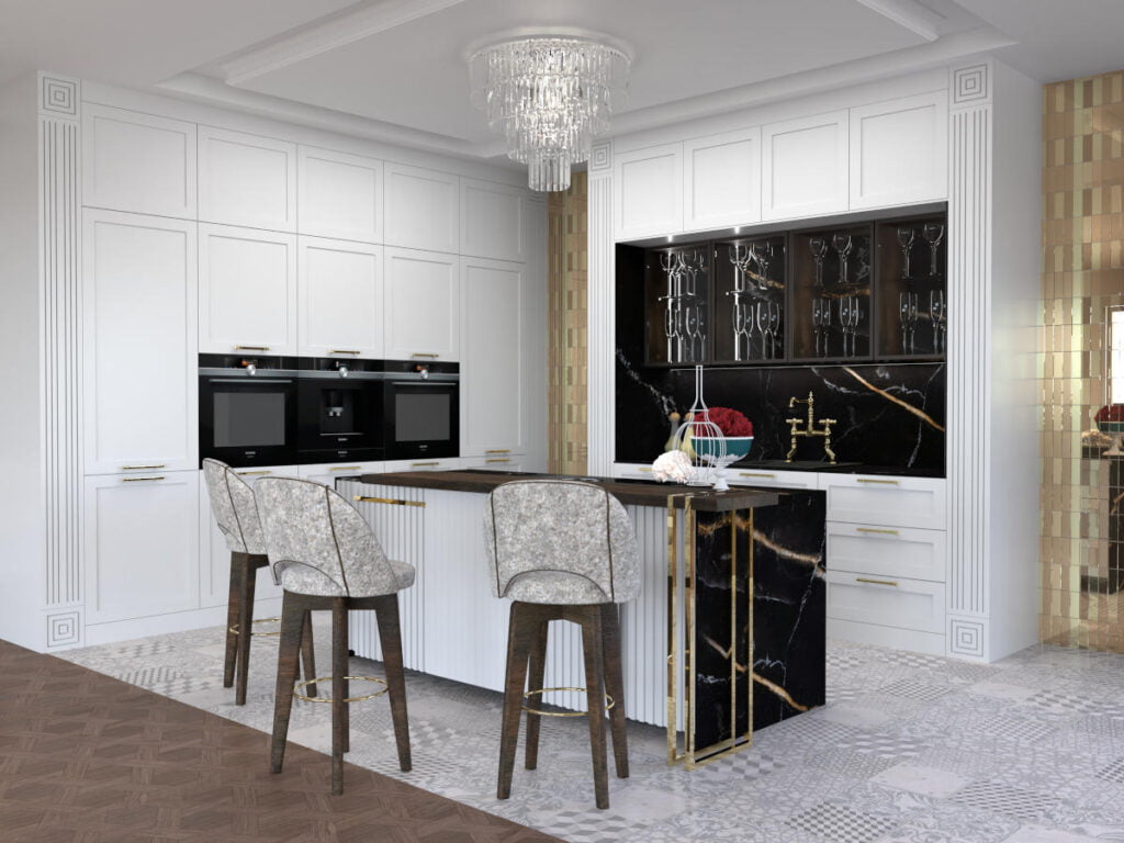 Sevroll- szuflada Platinium Concordia w kuchni glamour z jadalnią