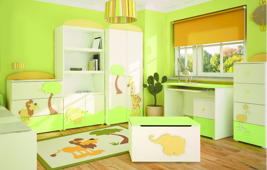 Lakierowane meble dziecięce „Africa” marki Baggi Design oferowane są w kolorystyce stonowanych zieleni, brązów i żółcieni, które sprawiają, że pokój dziecka zyskuje pogodny, przytulny charakter.