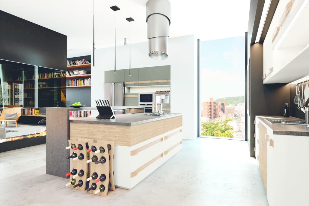 W tej kuchni zastosowano front „Ateny” firmy Drewpol – nowoczesne połączenie litego, ryflowanego dębu z płytą MDF.