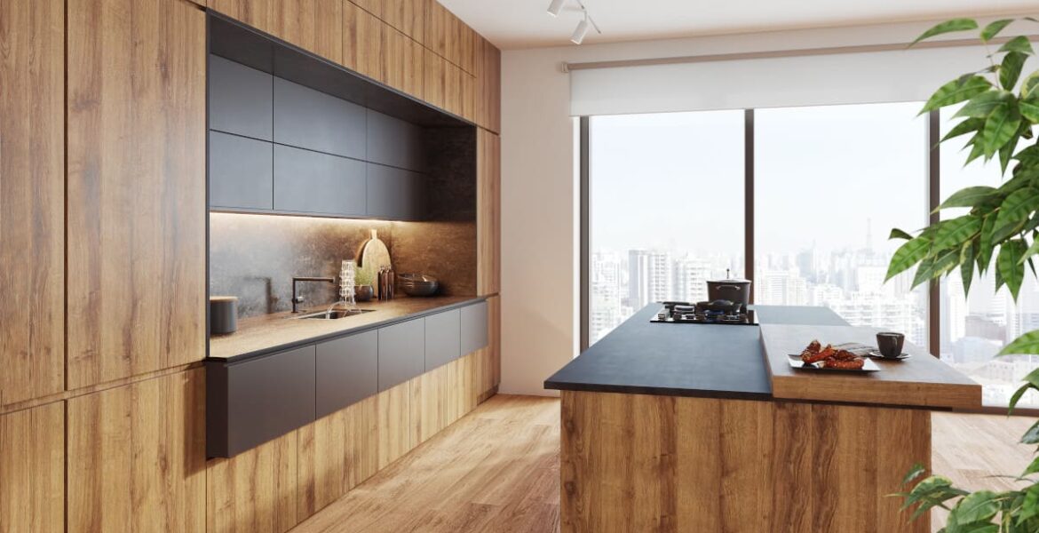 Cienkie blaty robocze z laminatu kompaktowego F222 ST76 Tessina Ceramic terra EGGER w aranżacji nowoczesnej kuchni.