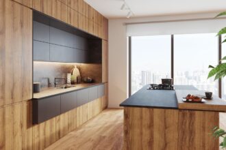 Cienkie blaty robocze z laminatu kompaktowego F222 ST76 Tessina Ceramic terra EGGER w aranżacji nowoczesnej kuchni.