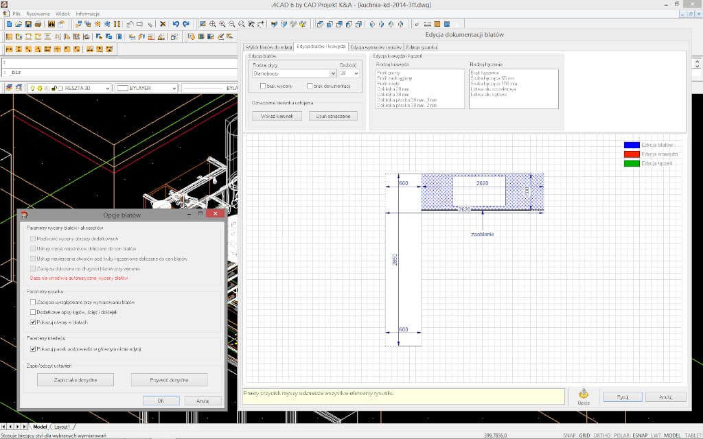 Edycja blatów w programie CAD Kuchnie 6 firmy CAD Projekt K&A.