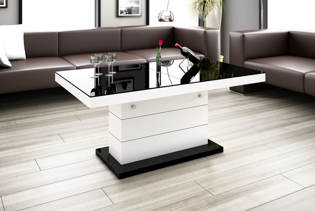 Blat i podstawę ławostołu „Matera Lux” firmy Hubertus połączono solidną kolumną. Rozłożenie mebla zostało znacznie uproszczone i zoptymalizowane dzięki zastosowaniu podnośników gazowych.