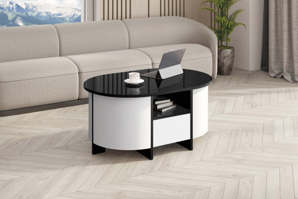 Ława LUMIA z funkcjonalną szufladą w wykończeniu na wysoki połysk.