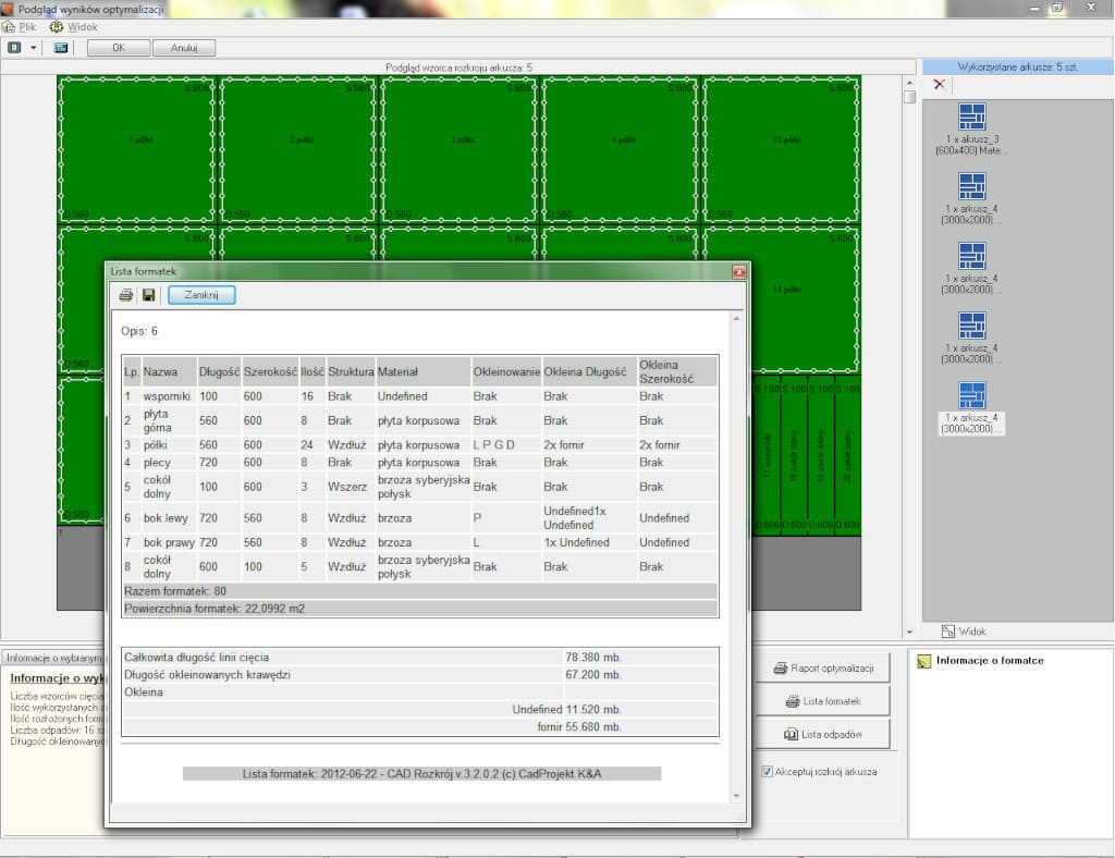 Przykładowy rozkrój arkusza + lista formatek w module CAD Rozkrój firmy CAD Projekt K&A.