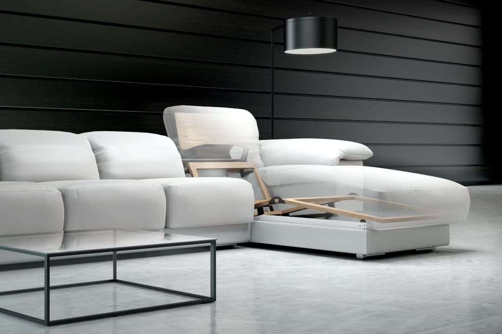 SF 056-D-5 firmy Stalmot & Wolmet umożliwia wygodną pozycję relaksu na otomanie. Unikalna konstrukcja zawiasu do uchylania części pod nogi stwarza możliwość zbudowania pojemnika na pościel.