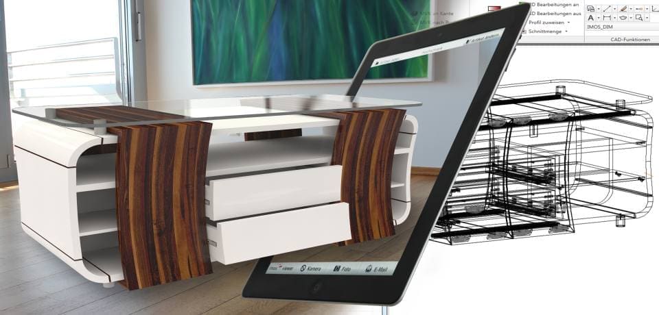 AR oznacza Augmented Reality. Urządzeniem mobilnym wyposażonym w kamerę można nagrać rzeczywiste otoczenie i pobrać z imos 360 firmy Imos meble 3D w wybranych kolorach i fornirach.