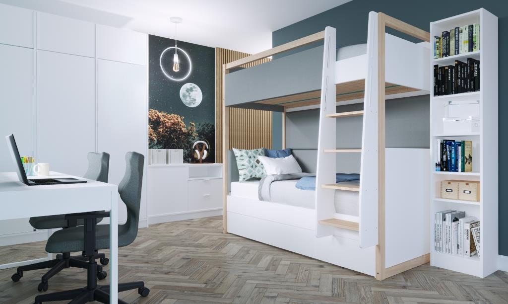 Gładkie, białe fronty i biały korpus – to motyw przewodni kolekcji North marki Meblik, dostępnej we wrocławskiej Galerii Wnętrz DOMAR. Korpusy mebli – piętrowych łóżek, komód, regałów lub szaf wykonane są z płyty laminowanej o podwyższonej odporności na wilgoć. Gładkie, białe fronty z płyty MDF utwardzane są światłem UV, co podwyższa ich odporność na uszkodzenia i odpryski.