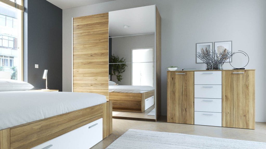 Mauvella Oak Impress Decor Polska na szafie w zestawie sypialnianym. Klasyczny ciepły odcień lubianego dębu.