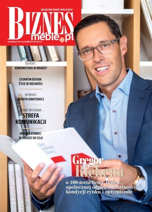 Okładka miesięcznika BIZNES.meble.pl - wydanie wrzesień 2023. Na okładce: Gregor Riekena, CEO Grupy Häfele.