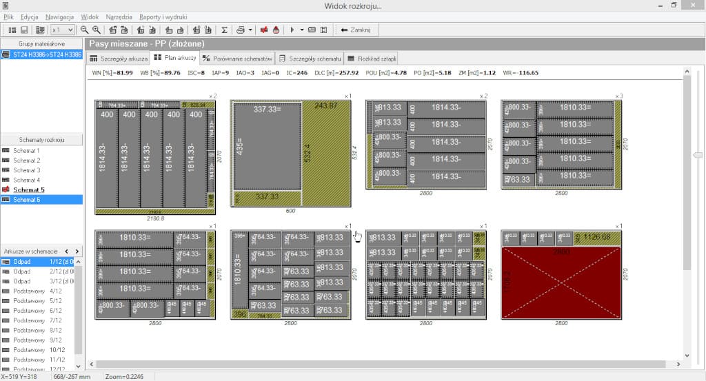 Okno planowania rozkroju w systemie Formatyzacja 5 firmy Agmasoft stosowanego m.in. do rozkroju płyt, szkła, blach, tektury, parapetów i innych materiałów.
