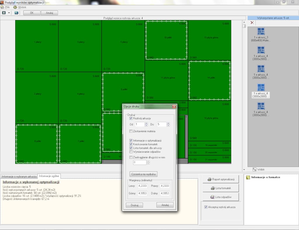 Przykładowy rozkrój arkusza w programie CAD Rozkrój firmy CAD Projekt K&A. Program zapewnia wsparcie produkcji.