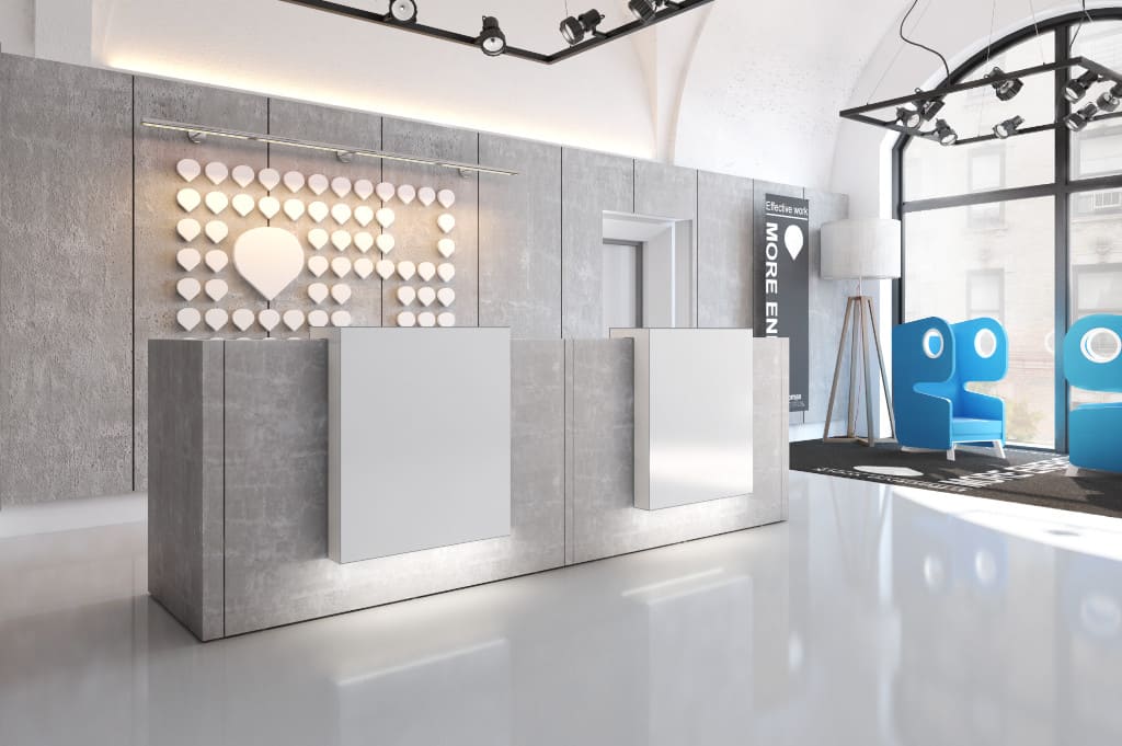 System „Ave” marki Mikomax Smart Office buduje prestiż strefy recepcyjnej poprzez wykorzystanie takich materiałów, jak beton czy marmur.