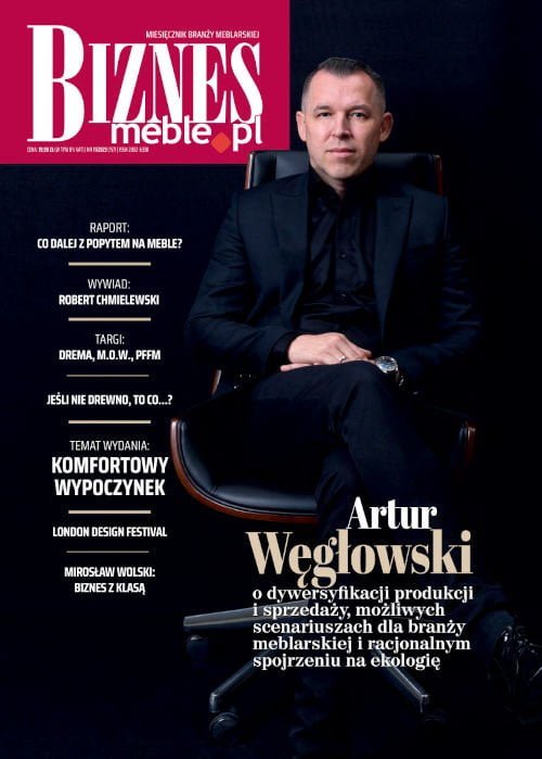 Okładka miesięcznika BIZNES.meble.pl - wydanie listopad 2023. Artur Węgłowski, współwłaściciel Comforteo.