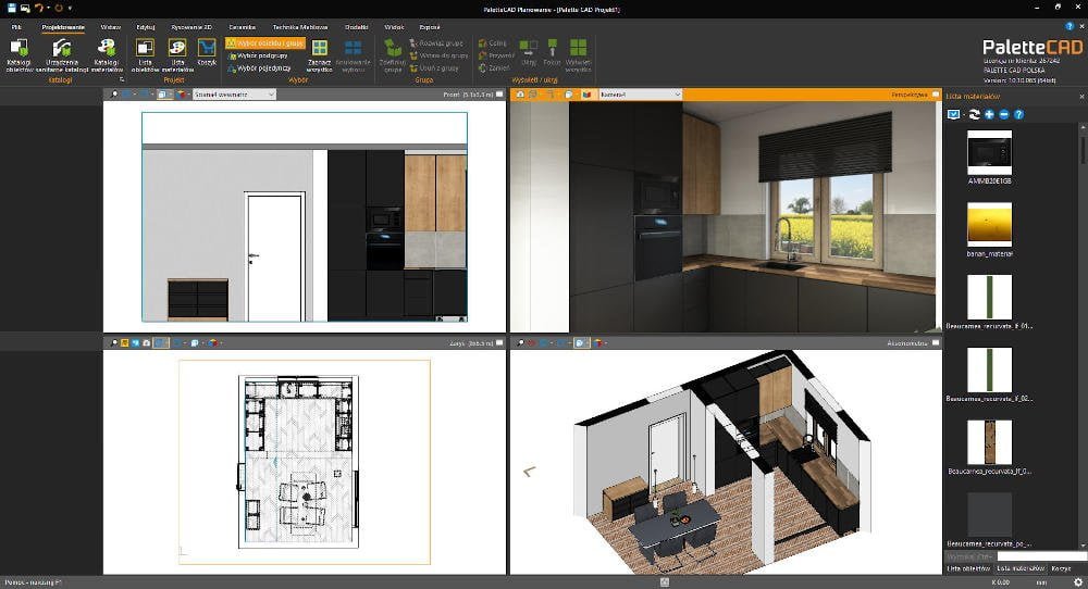 Widok programu do projektowania mebli PaletteCad, praca na 4 oknach.