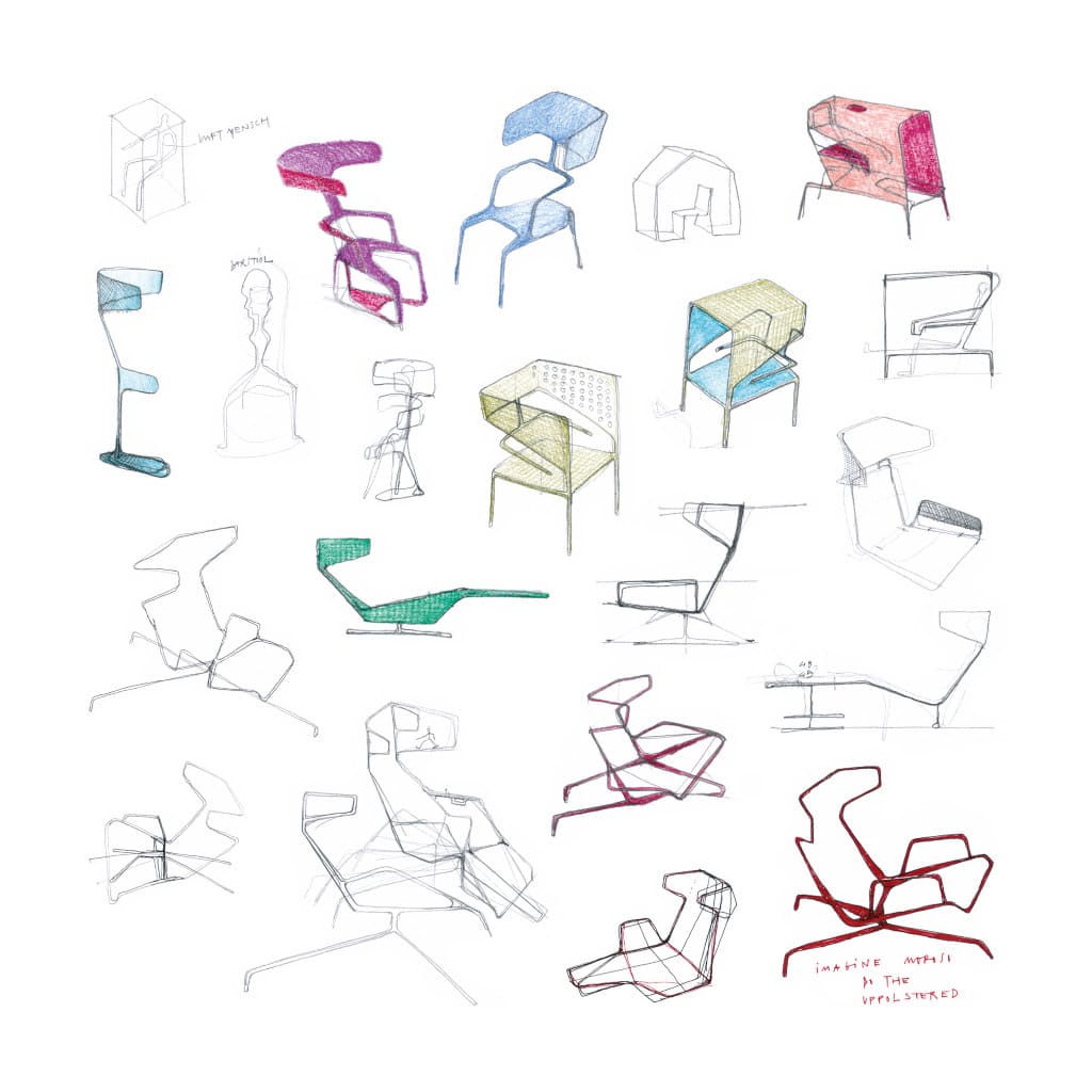 Alfredo Haberli: szkice do fotela „Take a Line for a Walk”, prod. Moroso.