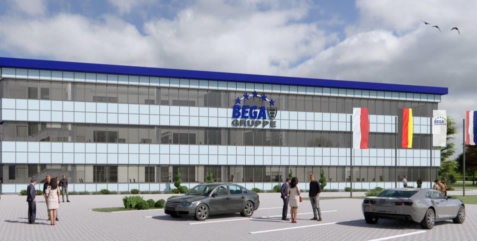 Wizualizacja budynku biurowego z nową halą wystawową Grupy BEGA w Lügde.