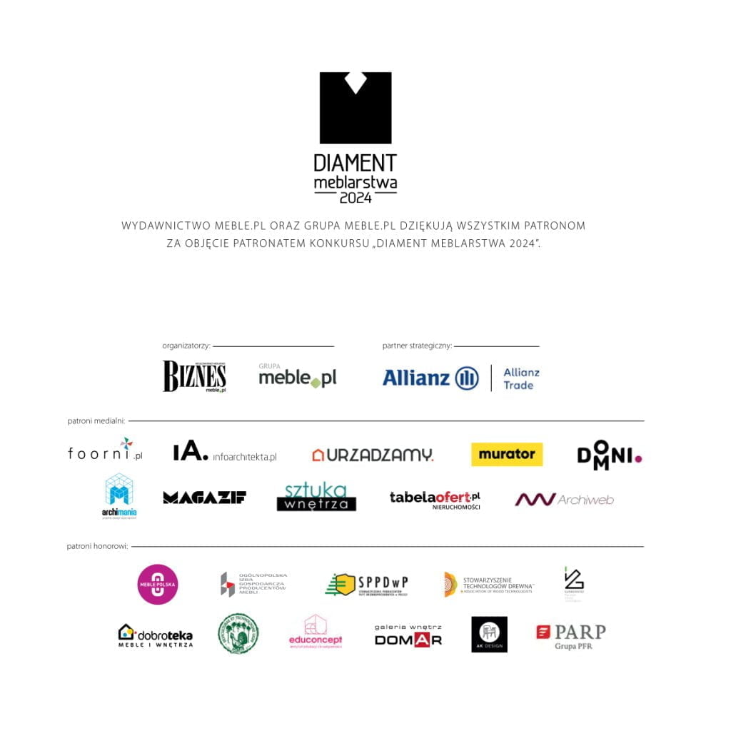 Diament Meblarstwa 2024 - logotypy Patronów i Partnerów