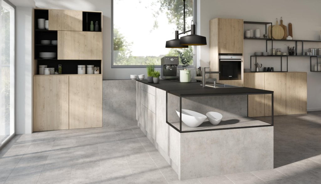 Kuchnia w nowoczesnym stylu z podłogą z oferty Egger imitującą beton.