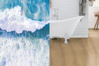 Pół obrazka to wanna i jasna podłoga wodoodporna z oferty Egger a drugie pół to fala morska.