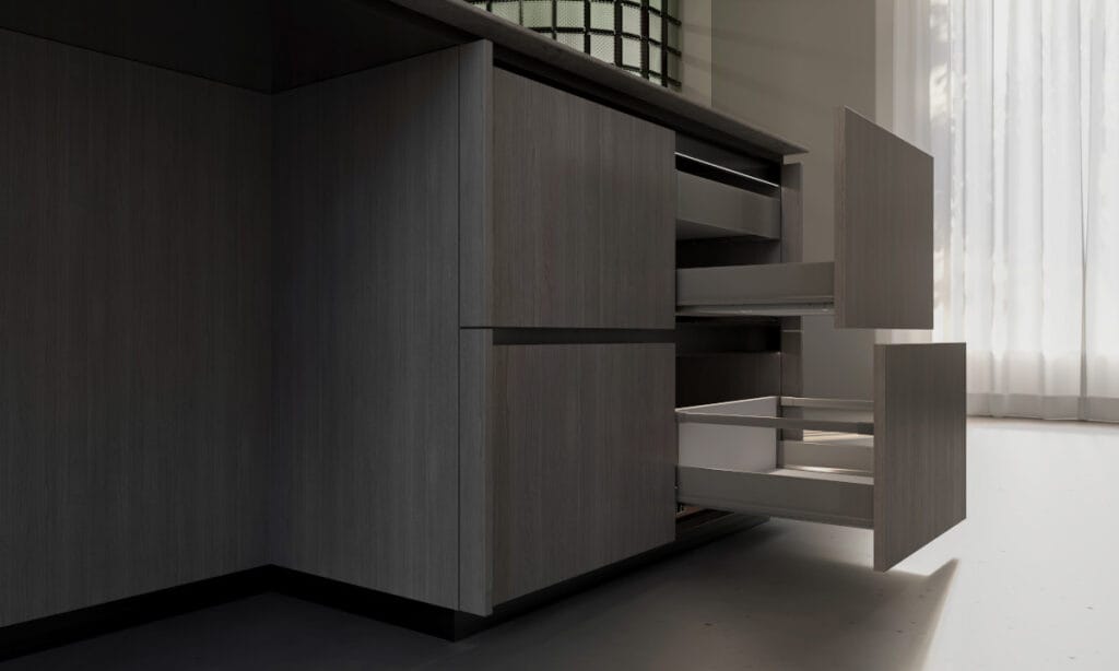 GTV - szuflady Modern Box Pro w kolorze szarym otwarte z boku