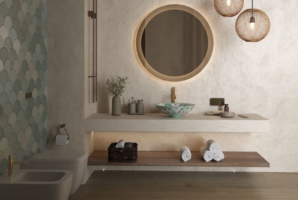 Subtelne wnętrze łazienki, proj. Iryna Savka - druga nagroda ex aequo w konkursie Cerames.