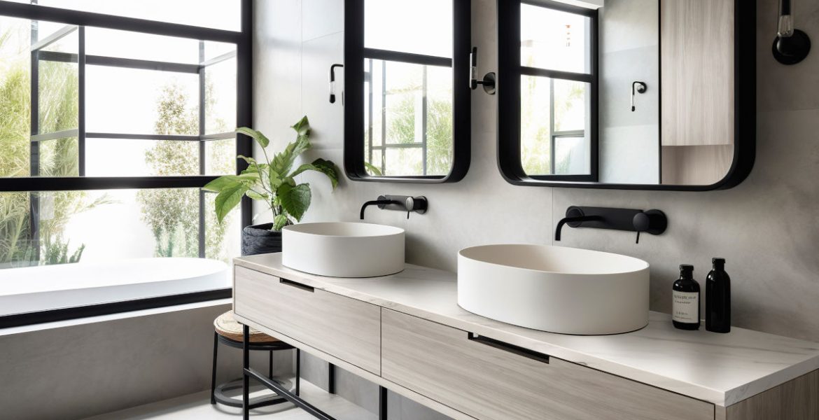 Modernistyczna łazienka dla dwojga, dwie umywalki na blacie, dwa lustra.