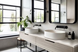 Modernistyczna łazienka dla dwojga, dwie umywalki na blacie, dwa lustra.