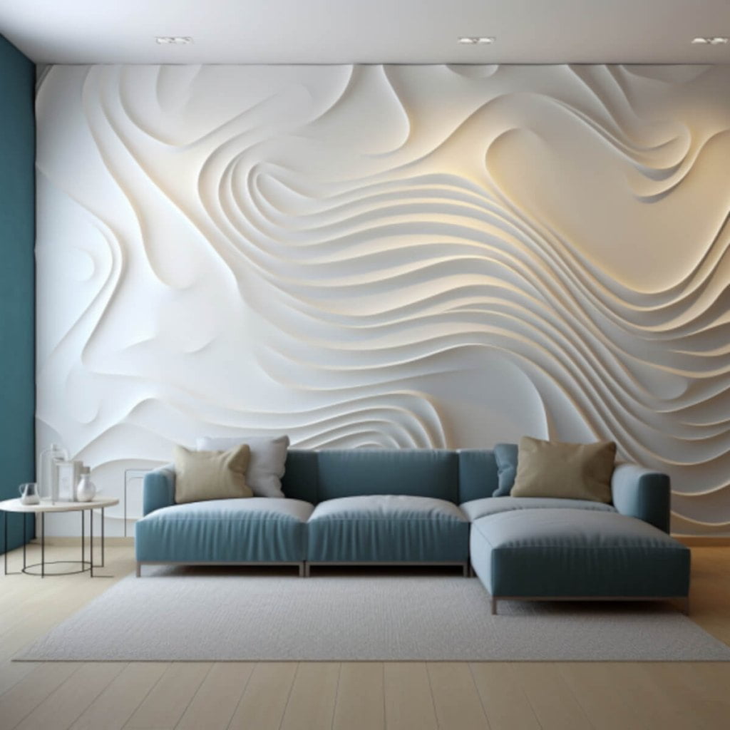Uwalls - biała tapeta w fale z niebieskim narożnikiem