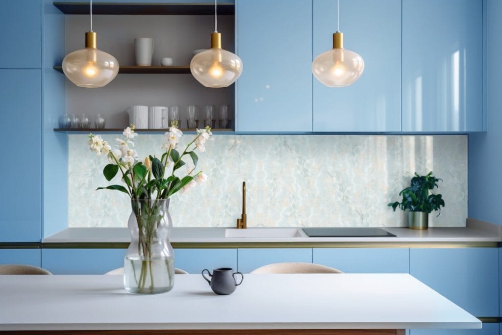 REJS - jasnoniebieskie fornty Dekores w połysku w kuchni