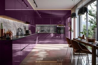 REJS - fioletowe fornty Dekores w połysku w kuchni