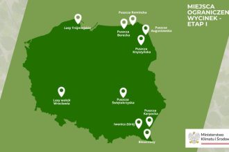 Mapa z 10 obszarami, na których wprowadzona została ograniczona wycinka lasów.