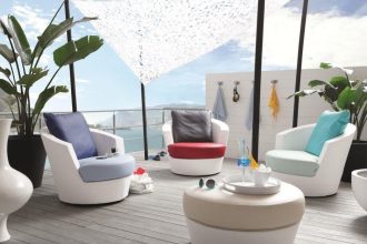 Materiały marki skai firmy Contonental z oferty polskiej firmy Lumatech na meblach do ogrodu i nad basen.